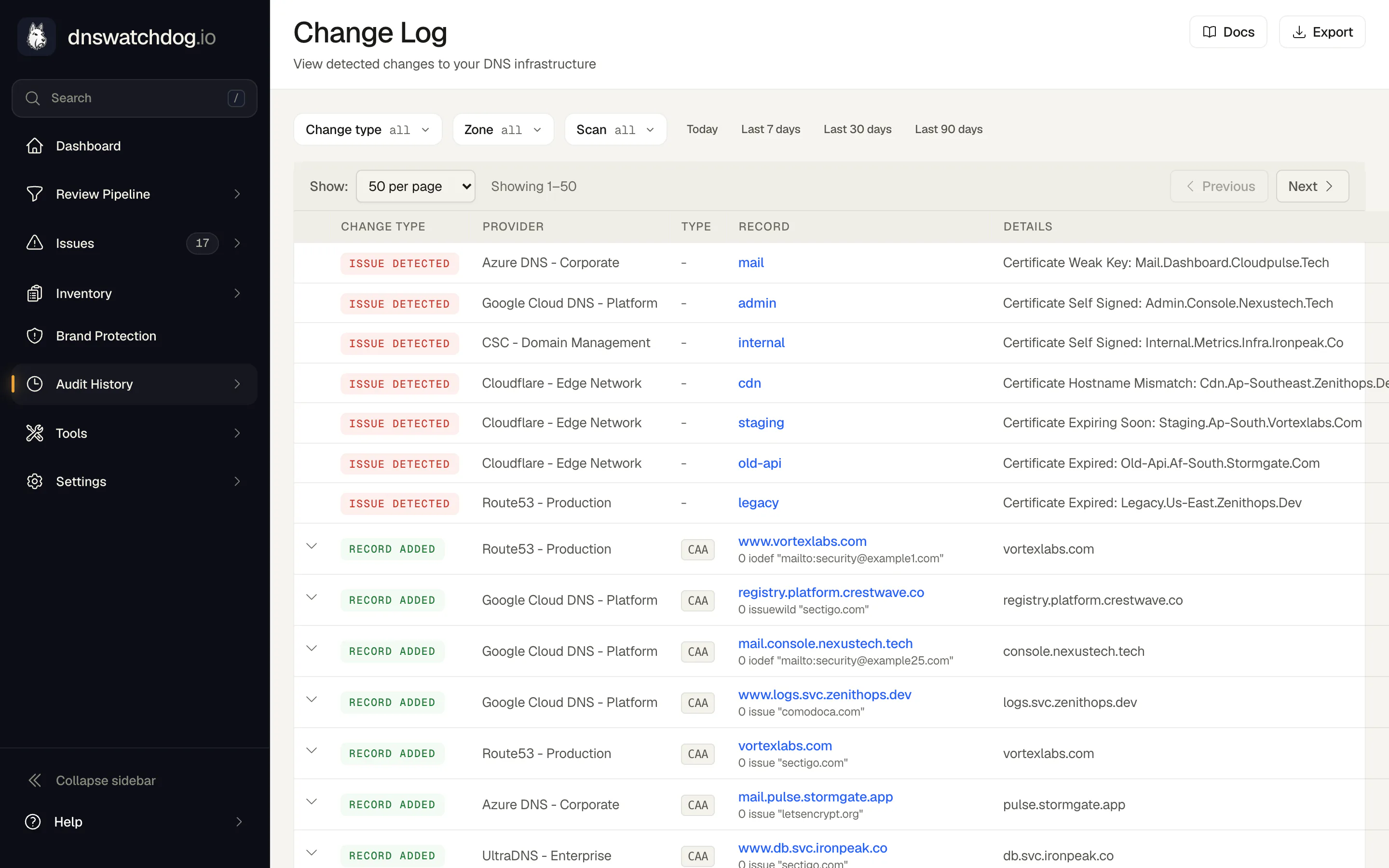 Change Log listing detected changes across providers - issues detected and records added - with the record, provider and details for each entry.
