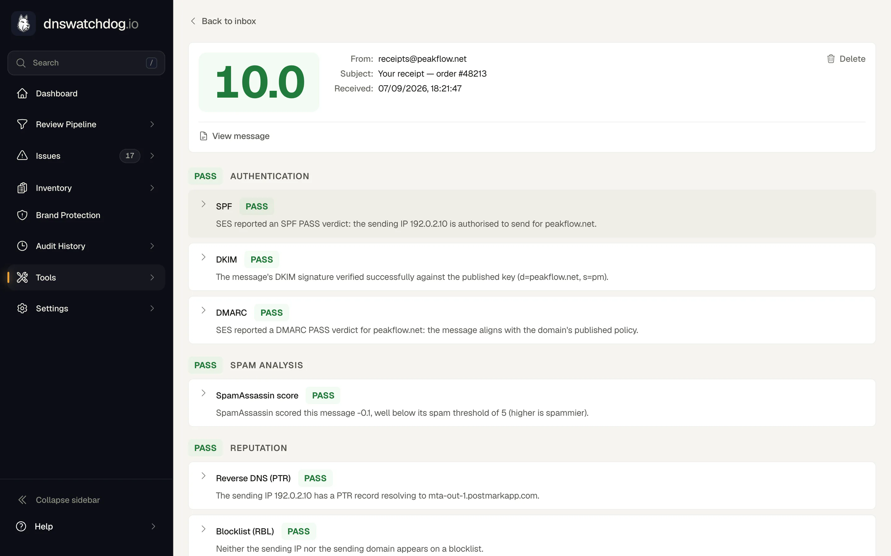 Email deliverability test result scoring a message 10.0, with SPF, DKIM and DMARC authentication, SpamAssassin analysis, reverse DNS and blocklist checks all passing.