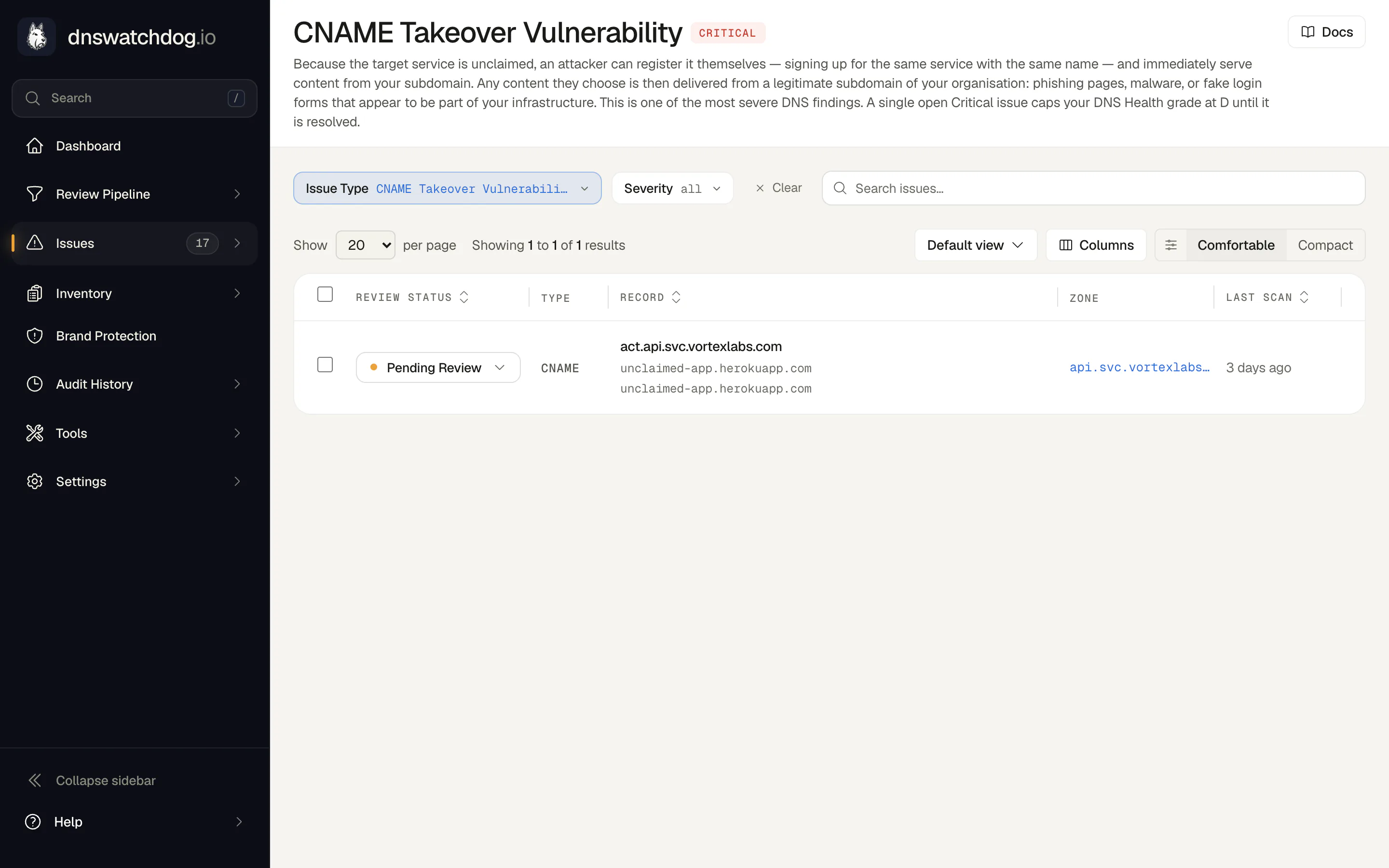 Issues list filtered to CNAME Takeover Vulnerability findings, with an explanation of subdomain takeover and a critical finding for a CNAME pointing at an unclaimed Heroku app.