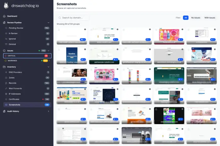 DNS Watchdog product interface showing security scan results, record details, and monitoring status across connected providers